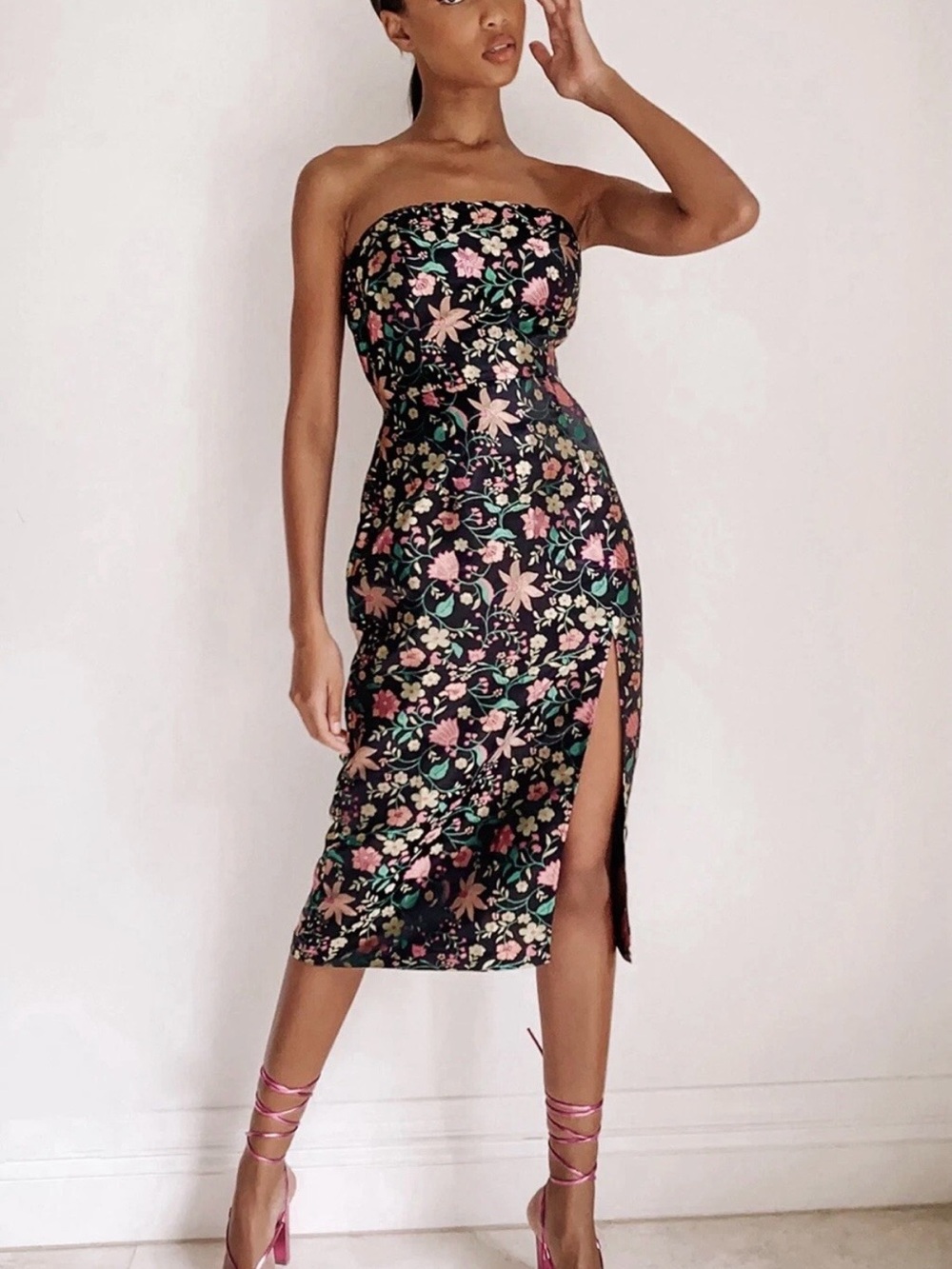 Lulu's Make a Move Floral Jacquard Midi Strapless Dress M NWT